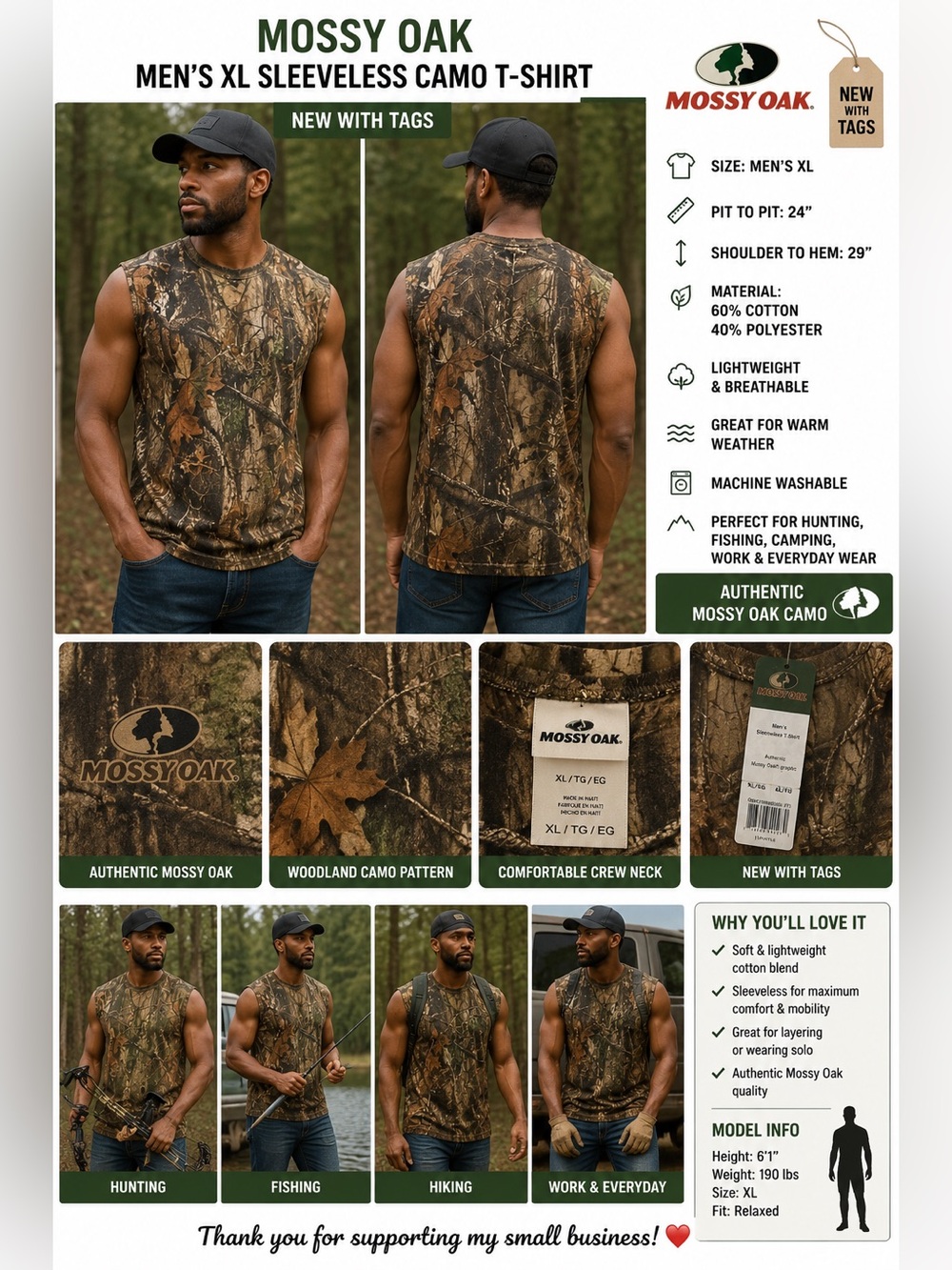 Mossy Oak Men’s XL Sleeveless Camo T-Shirt NWT Hunting Outdoor 24” P2P